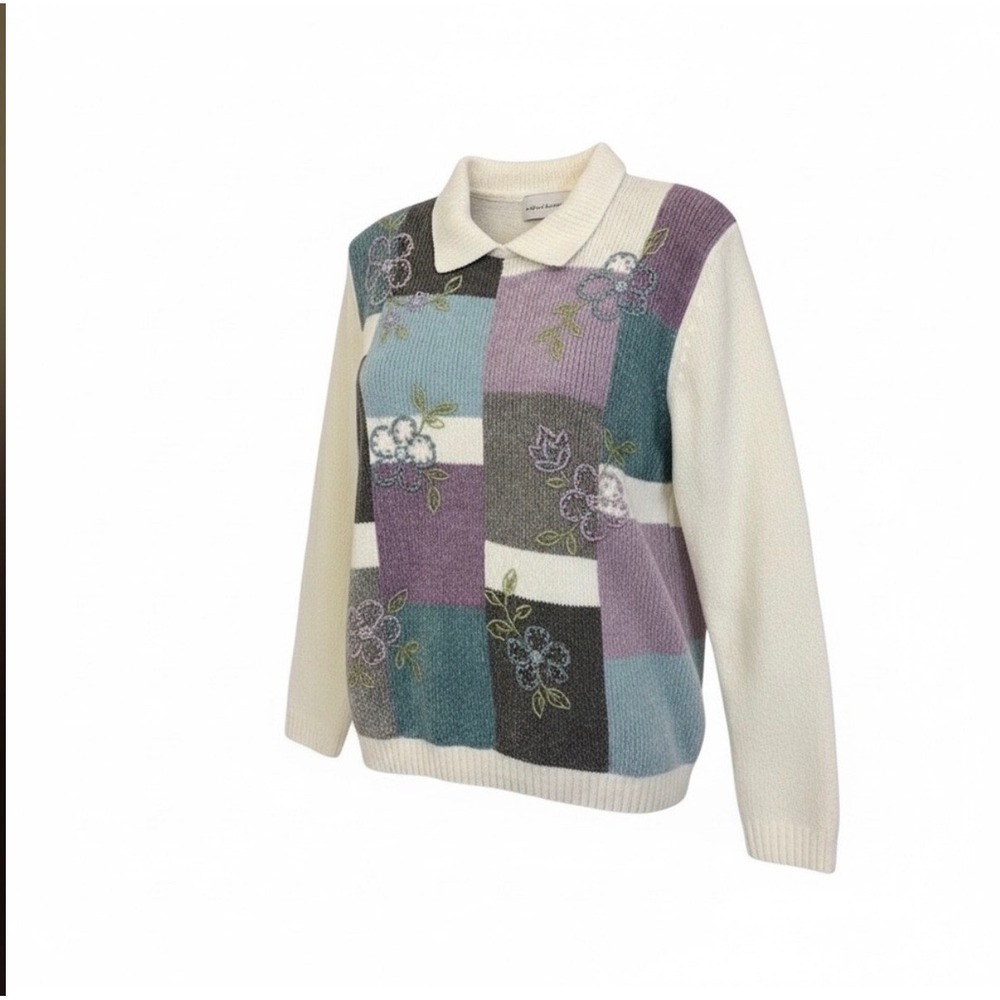 Alfred Dunner Sweater Womens L White Patchwork Floral Embroidered Polo Pullover